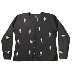 Vintage 90s Eagles Eye Hula Girl Cardigan Sweater XL Black Hawaiian 3D Teacher